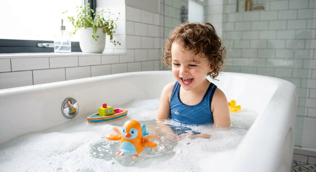 Ein Kind spielt fröhlich mit einem Schwimmer zum Aufziehen für Badespass in der Badewanne und im Pool für alle Kinder
