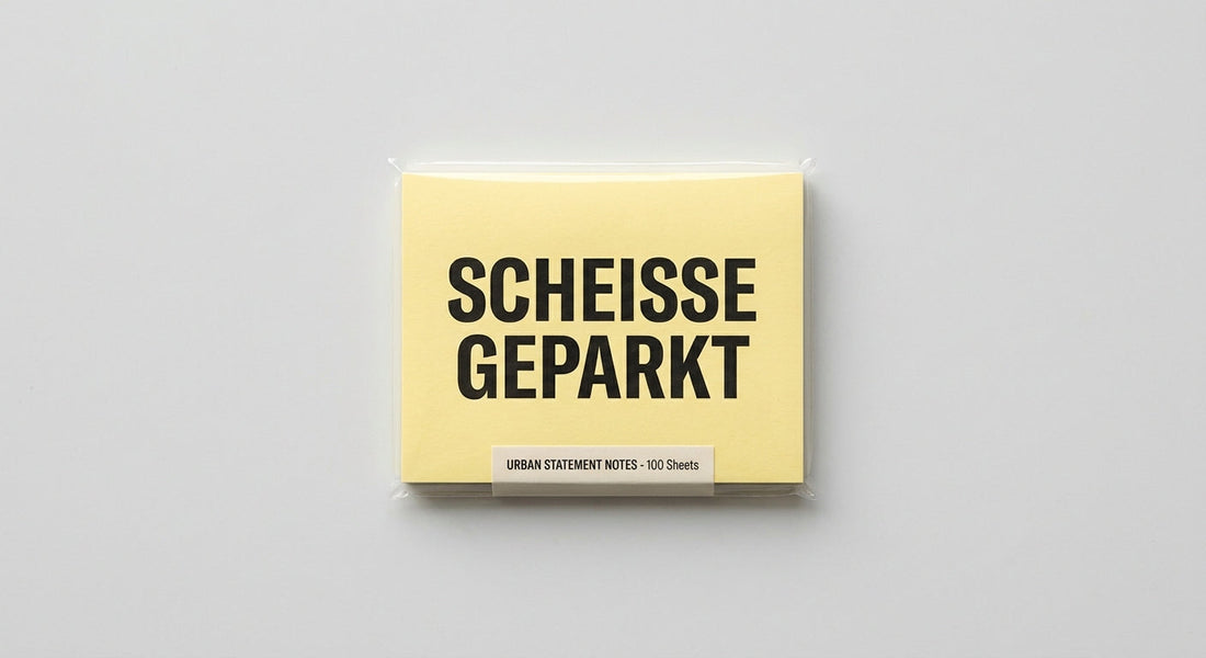 Haftnotizen SCHEISSE GEPARKT, Block auf neutralem Hintergrund, humorvoller Protest